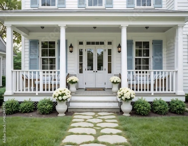 Fototapeta Inviting White Porch with Blue Shutters and Hydrangea Planters