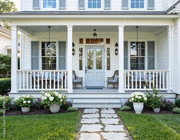 Fototapeta Charming White Front Porch with Rock Pathway and Blooming Hydrangeas