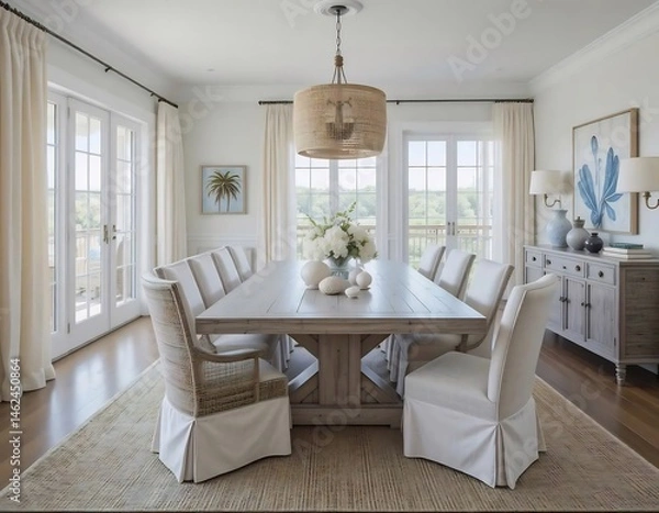 Fototapeta Bright Coastal Style Dining Room with Rustic Wood Table and Elegant Decor