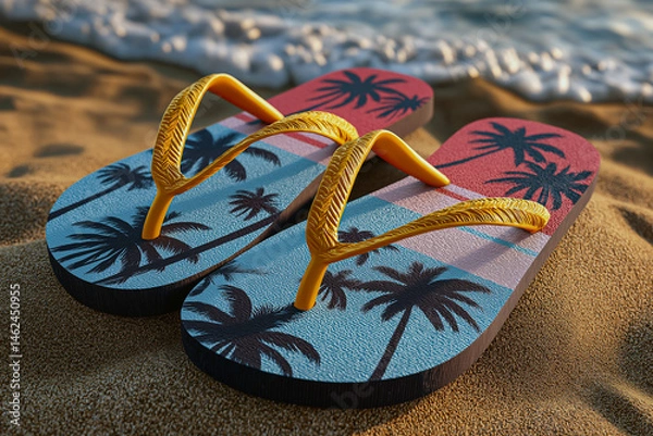 Fototapeta 3D Beach-themed flip-flops mockup with vibrant palm tree designs for summer style, perfect for sunny days and beach adventures.