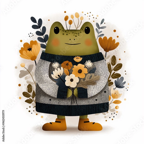 Fototapeta Charming frog character dressed in a sweater, surrounded by flowers, bringing a whimsical touch of nature and style to any setting.