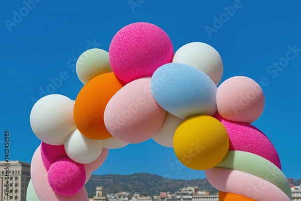 Fototapeta Colorful arch with vibrant spheres against a bright blue sky, blending playful design with a scenic cityscape backdrop. 