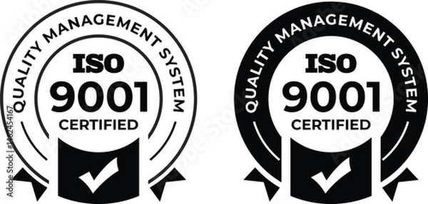 Fototapeta ISO 9001 Certified Quality Management System Icons | Black and White Compliance Stamps for Business and Manufacturing Excellence