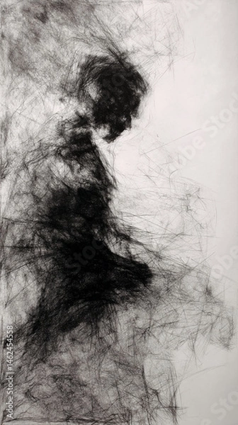 Fototapeta Abstract black ink drawing, textured strokes creating a figure, suggesting contemplation or introspection, evokes emotion and depth, ideal for artistic expression