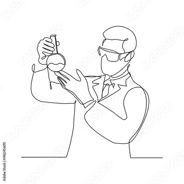 Fototapeta Continuous line sketch drawing of male scientist analyze formula on laboratory tube. One line concept of medical science. Editable stroke vector illustration