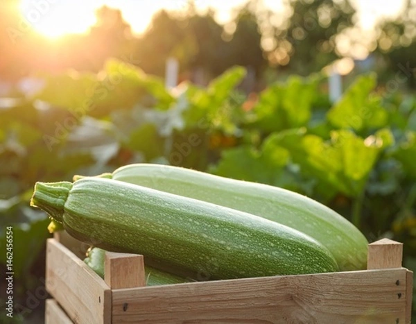Obraz Freshly Harvested Zucchini on Wooden Crate in Vegetable Patch at Sunset