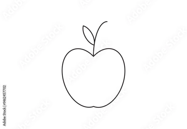 Fototapeta Apple Line Drawing with Leaf, Simple Outline Illustration for Kids.