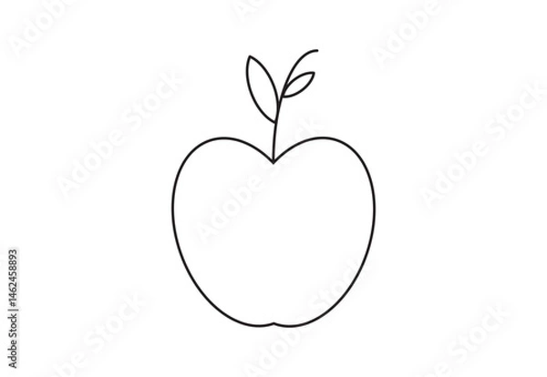 Fototapeta Apple Line Drawing with Two Leaves Simple Outline Illustration for Kids.
