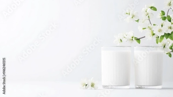 Fototapeta Two Glasses Milk with Spring Blossoms Minimalist Bright Lighting Horizontal Close-up Shot Refreshing Beverage White Flowers Pure Clean Aesthetic Food Photography