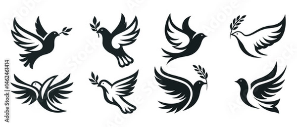 Obraz Dove of peace with olive branch, stylized black and white bird logo on a white background