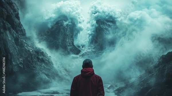 Fototapeta A man stands in front of a mountain with a huge wave of water