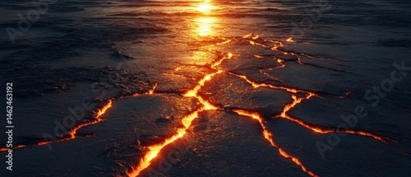 Fototapeta A lava field with a bright orange sun in the background