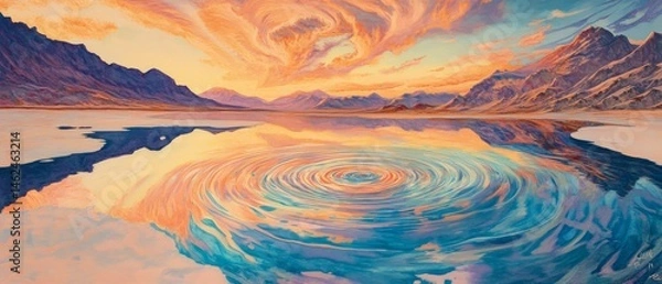 Fototapeta A painting of a lake with a large circle of water in the center