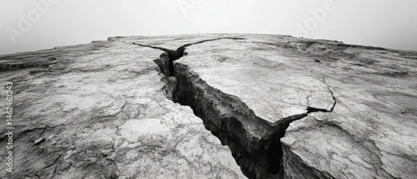 Fototapeta A large crack in the ground with a gray sky in the background