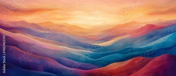 Obraz A painting of a mountain range with a bright orange sun in the sky