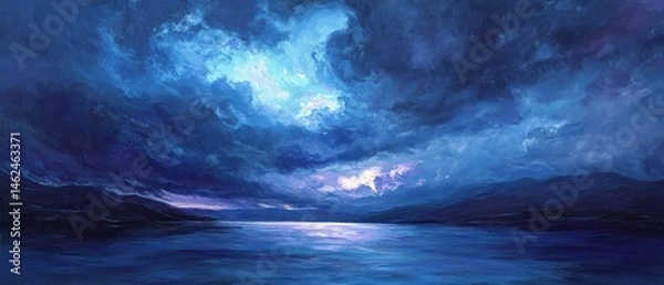 Obraz A painting of a stormy night with a large body of water in the foreground