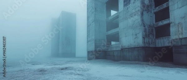 Fototapeta A foggy, desolate scene with a large building in the background