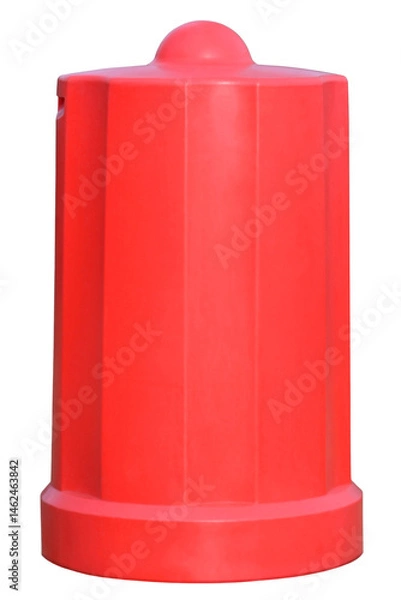 Fototapeta Red reinforced plastic ground fire hydrant anti-vandal dustproof cover, large isolated vertical waterproof antifreeze insulation fiber glass head cap closeup, weather, vandalism protection concept