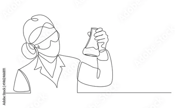 Obraz Continuous line sketch drawing of female scientist analyze formula on laboratory tube. One line concept of medical science. Editable stroke vector illustration
