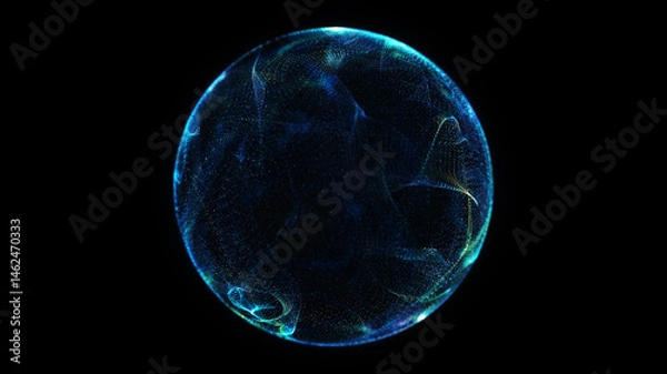 Obraz Abstract digital particles flowing on black background. Technology sphere. Abstract concept of artificial intelligence. Big data visualization. 3d rendering.