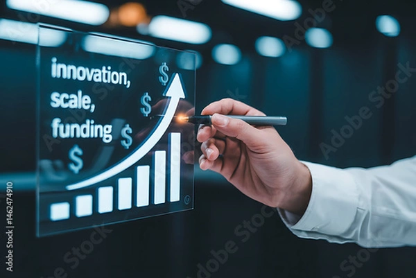 Fototapeta Hand drawing a growing graph of innovation, scale, and funding on a futuristic display.