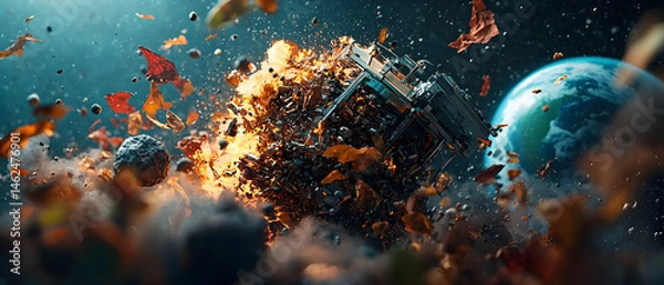 Fototapeta A dramatic space scene depicts a cube-shaped object exploding amidst fiery debris. Ideal for sci-fi projects and epic visual storytelling.