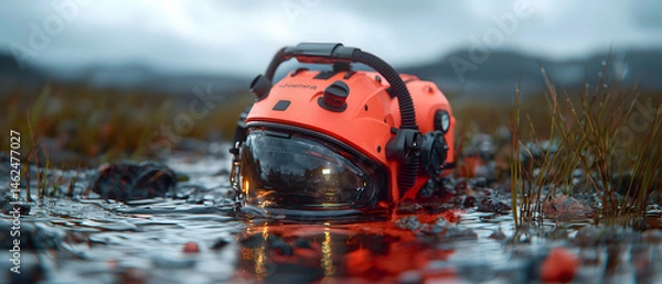 Fototapeta An orange helmet rests in water. The scene suggests a submerged object in a natural environment evoking a sense of mystery and exploration. Application for sci-fi artwork.