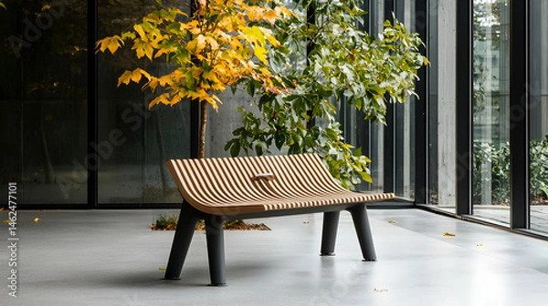 Fototapeta Modern outdoor bench design. The curved wooden seat and dark legs are appealing. Perfect for parks gardens and modern spaces. Relax and enjoy nature.