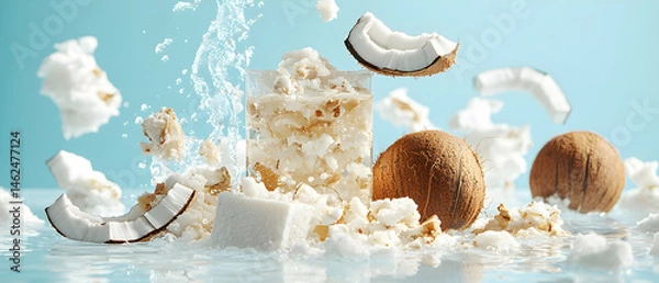 Fototapeta A refreshing coconut themed image featuring water splashes pieces of coconut and a clear glass. Use it for tropical themed designs or food related promotions.