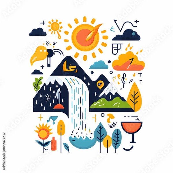 Fototapeta This vector illustration features elements of nature like mountains waterfalls sunshine and clouds. Could be used as a design for various projects.