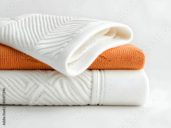 Fototapeta A stack of folded soft textiles. The textures offer a sense of warmth and comfort. Perfect for lifestyle and home decor content.