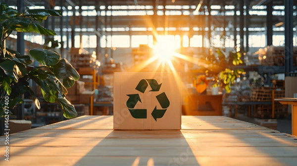 Fototapeta A box with the recycle symbol sits on a wooden surface with sun rays shining through a warehouse. Focus on sustainable practices and environmental responsibility.