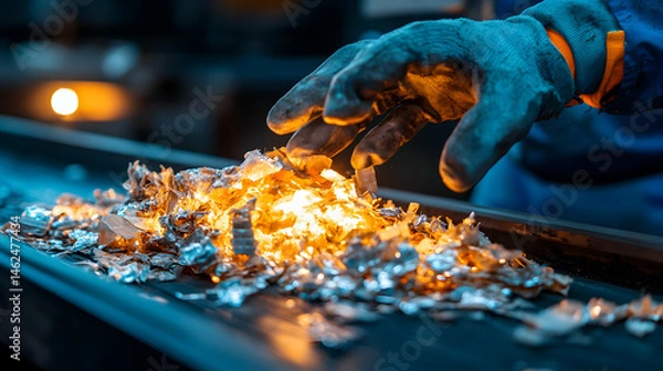 Fototapeta A gloved hand interacts with a pile of burning metal shavings. Suggests industrial process or artistic representation of heat and transformation.