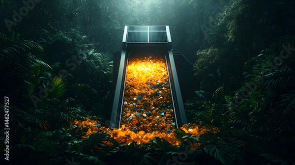 Fototapeta A futuristic solar panel installation in a lush rainforest. It suggests sustainable energy and the interplay between nature and technology. It can be used as a design for a futuristic theme.