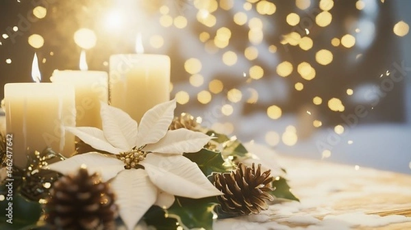 Obraz Warm glow of candles and poinsettia creating festive holiday ambience