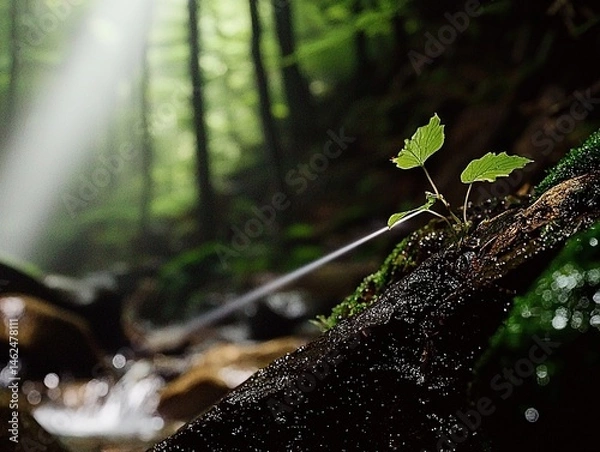 Obraz Sunlight streams through forest, illuminating young sprout.