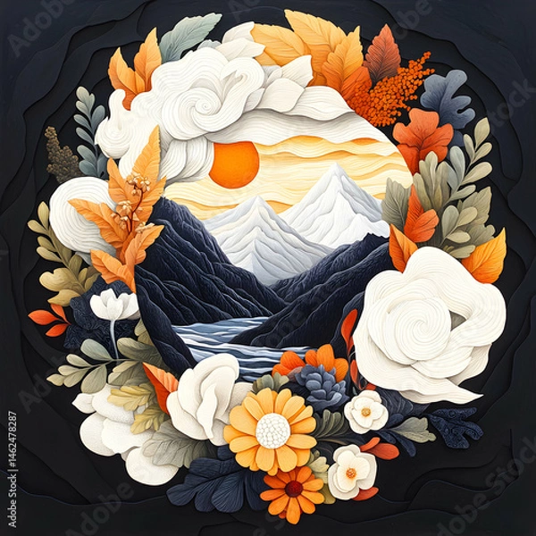 Fototapeta A paper cut illustration of a mountain scene framed by colorful foliage and flowers. Ideal for wall art or adding a decorative touch to home decor.