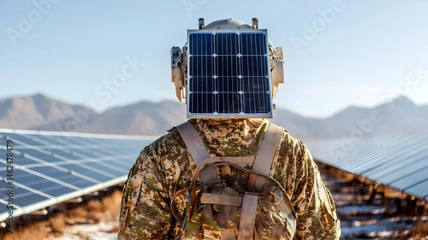 Fototapeta A soldier wearing solar panels for a head. This imagery symbolizes the intersection of military technology and sustainable energy solutions. Consider for eco-friendly projects.