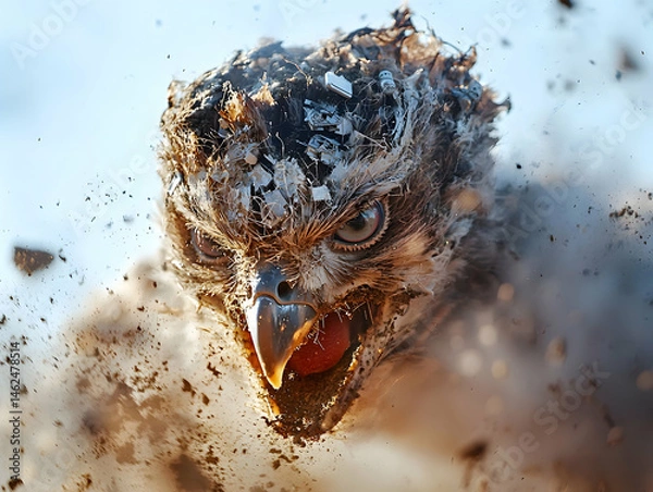 Fototapeta A close up of an owl-like creature seemingly emerging from debris. It depicts a powerful predatory bird with a striking expression. Excellent for fantasy illustrations.