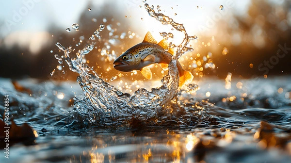 Fototapeta A dynamic image capturing a fish leaping from water. Beautiful colors and lighting create a scene of motion and natural beauty. Use for nature or outdoor projects.