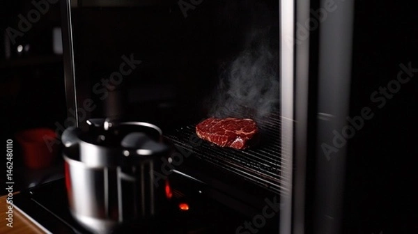Obraz Close-up of a steak cooking on a grill.