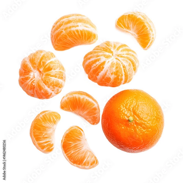 Fototapeta Bright orange peeled mandarin segments and whole fruit are arranged on a clean white background, creating a vibrant and healthy citrus fruit display.