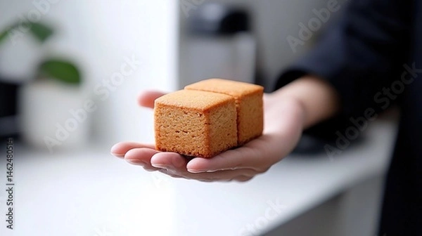 Obraz Two small, square, light-brown cookies held in a hand.