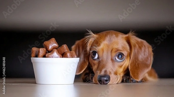 Obraz Curious dachshund observing food bowl.