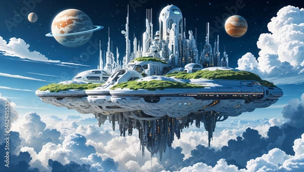 Fototapeta AI-generated images of a futuristic cityscape above the clouds
