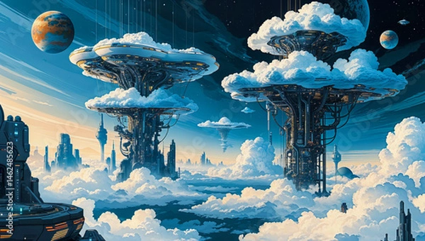 Fototapeta AI-generated images of a futuristic cityscape above the clouds