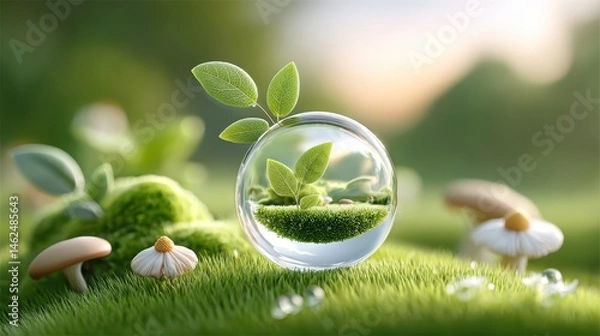 Fototapeta AI-Eco Future Style concept. Glass orb containing Earth s miniature microbiome