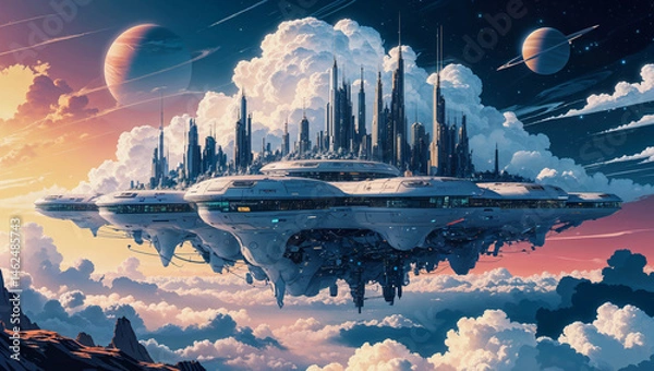 Fototapeta AI-generated images of a futuristic cityscape above the clouds