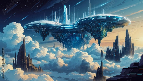 Fototapeta AI-generated images of a futuristic cityscape above the clouds