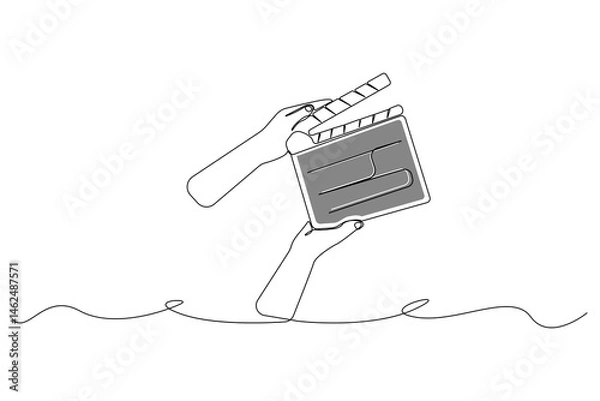Obraz Hands holding a clapper board line art drawing. Holding a clapper board linear icon vector.
